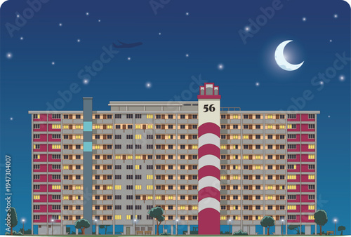 Singapore HDB flat - a high-rise lit at night under a starry sky, with a crescent moon and an airplane above.
