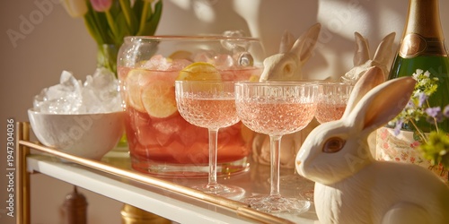 Punch bowl and glasses with Easter decor shine in the sunlight