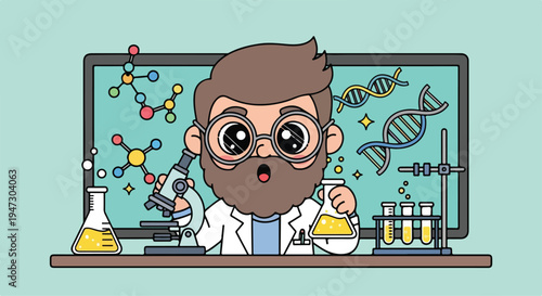 Cartoon illustration of a surprised male scientist holding a beaker in a lab setting with various scientific equipment and molecular structures on a screen behind him.