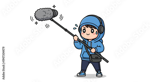 A cartoon boy wearing a blue jacket and headphones holds a boom microphone on a stand with a gray fuzzy windscreen against a clean white background.