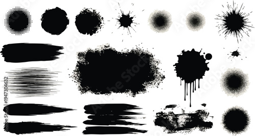 Set of black ink splashes and blots featuring grunge paint splatters, liquid stains, and vector brush elements for artistic design textures