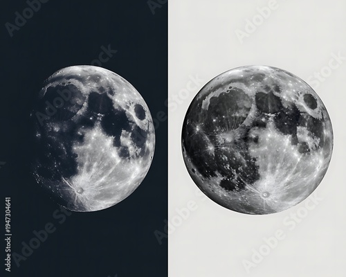 Title: A closeup view of the moon showing its craters and surface textures with two different lighting effects one side illuminated and the other in shadow
