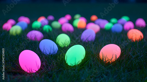 Children hunt for glowing Easter eggs in a bright grassy area at night