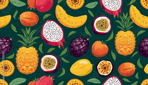 Seamless vector wallpaper pattern of colorful tropical fruits