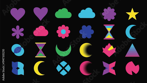 A vibrant collection of celestial and geometric symbols with hearts and stars. Vector
