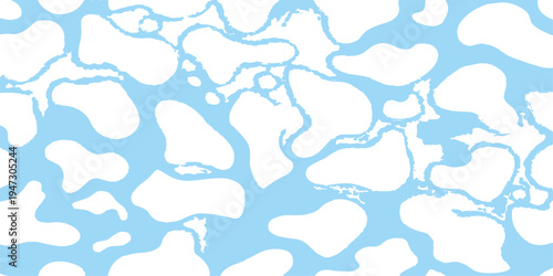 Seamless vector illustration of an abstract blue background featuring a decorative pattern of water drops and flowers with a swirl wave texture for wallpaper design