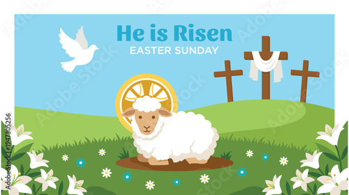 Christian easter landscape with white lamb and three crosses on meadow