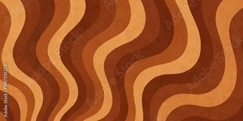 Seamless brown wood texture background featuring a geometric wave pattern and light yellow vector curves for a modern decorative wallpaper design