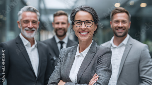 professional business team portrait in modern corporate office featuring smiling executives in suits expressing teamwork leadership confidence and company achievement through strong collaboration