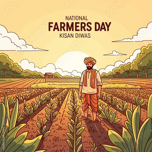 An illustration depicting an Indian farmer standing proudly in a vast crop field under a warm sky, celebrating National Farmers Day, Kisan Diwas.