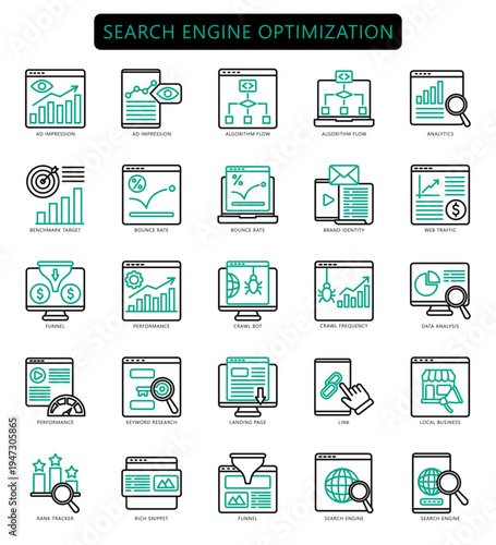 Search Engine Optimization outline dual tone. contain ad impression, algorithm flow, analytics, benchmark, brand identity, web, funnel, performance and more. Vector for UI, UX, web and app development