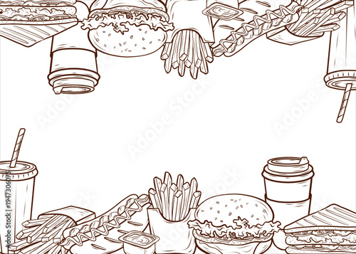 Fast food border with burger, sandwich, hot dog, fries and takeaway drinks. Hand drawn vector illustration in pen and ink style. Street food set. Ideal for menu design, packaging, posters, branding