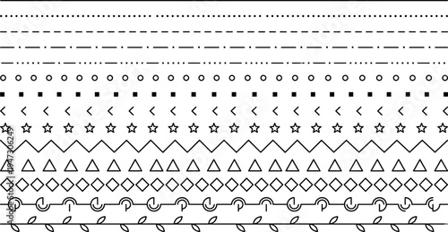 Geometric divider lines set with dots dashes circles squares triangles diamonds stars zigzag wave and leaf decorative separators minimal line art elements on transparent background