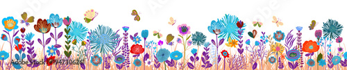 Horizontal abstraction seamless banner decorated with blooming flowers and leaves. Spring floral backdrop with butterflies. Flat vector illustration on white background