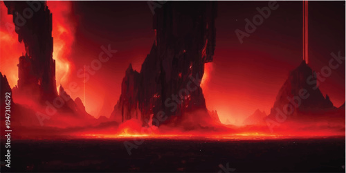 Vibrant red rock formations and a hidden white cave glow under a fantasy sunset where northern lights dance across the nature landscape