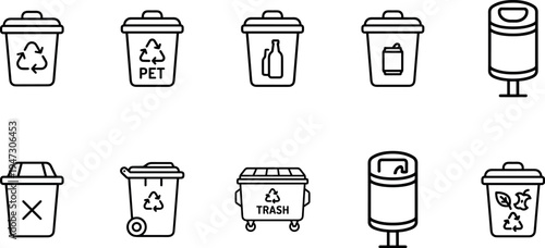 Recycling and trash bin icons set with waste containers for plastic glass metal can and organic disposal, eco recycling sanitation symbols isolated on transparent background