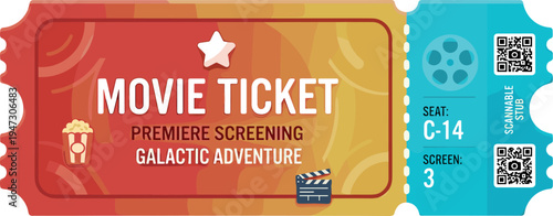 Colorful movie ticket template with premiere screening text, cinema admission pass design with popcorn clapperboard seat and QR code elements on transparent background