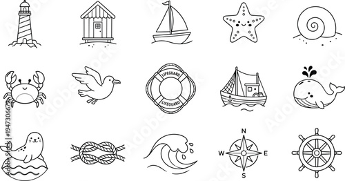 Outline nautical sea icons set with lighthouse sailboat starfish shell crab seagull lifebuoy boat whale seal rope knot wave compass and ship wheel isolated on transparent background