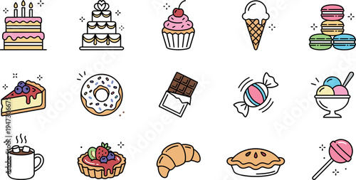 Colorful dessert and sweet food icons set with cake cupcake ice cream donut chocolate candy macarons lollipop pastry and bakery treats isolated on transparent background