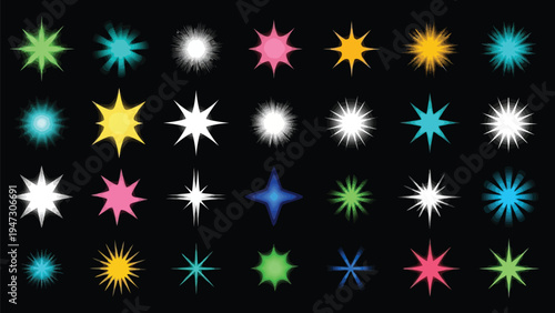 Colorful geometric snowflakes arranged in a symmetrical grid pattern on a dark background Vector