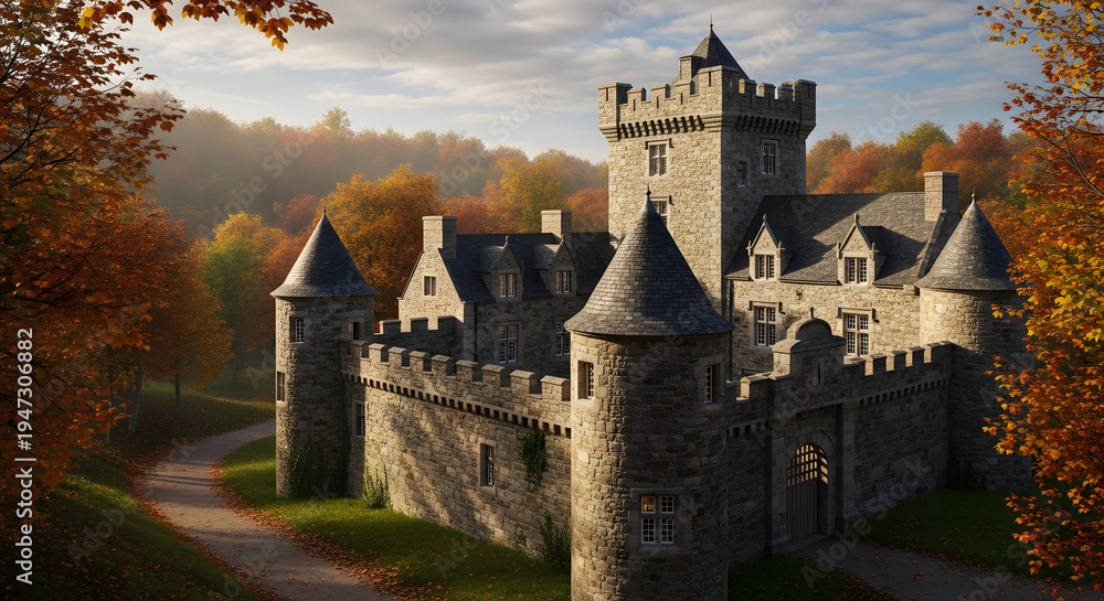 Obraz premium Majestic Medieval Castle Fortress Surrounded by Autumn Foliage.