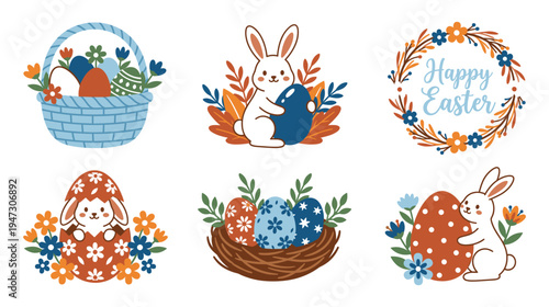 Cute easter bunny and eggs in basket, spring holiday vector collection