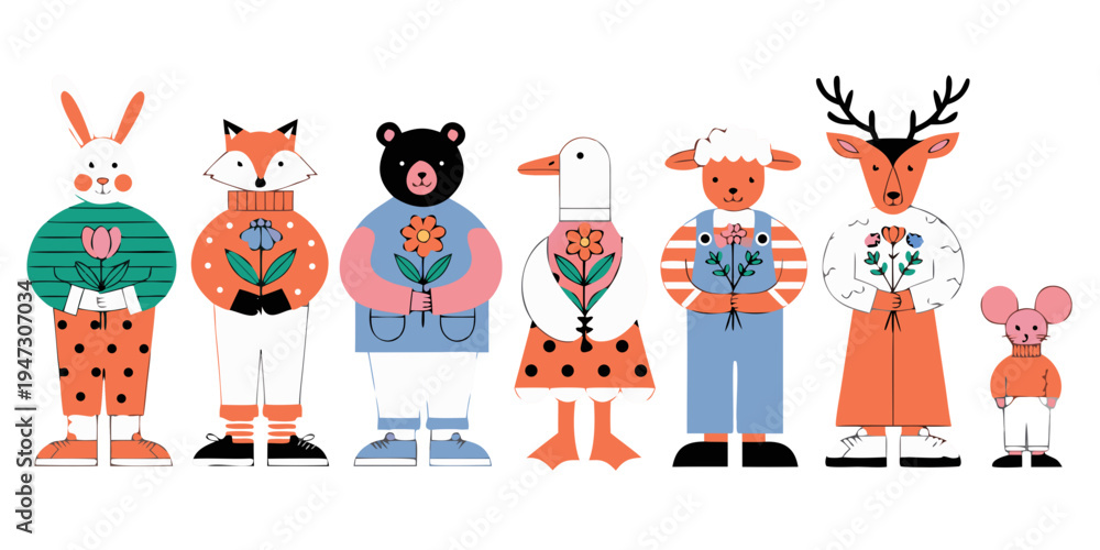 Fototapeta premium Watercolor spring animals clipart: bunny, fox, bear, duck, lamb, deer, mouse. Collection of Vector illustrations. Perfect for invitation, card, poster, banner, decoration