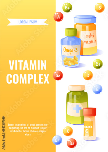 Vitamin Complex Advertising Banner with Omega-3 and Multivitamin Bottles