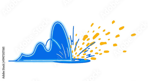 Blue wave crash with orange splashes on white background