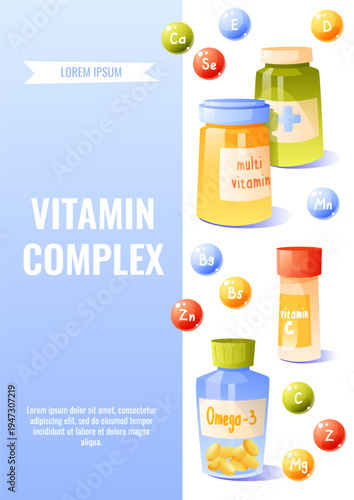 Vitamin Complex Poster with Multivitamin, Omega-3 and Mineral Capsules