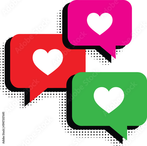 Three Colorful Speech Bubbles with White Hearts love messages