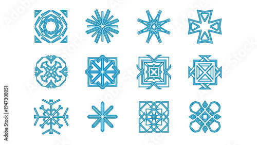 Intricate geometric patterns featuring snowflakes and symmetrical lattice designs Vector