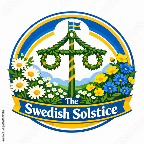 Traditional Swedish solstice emblem with decorated maypole, daisies, and blue yellow accents, honoring midsummer heritage, seasonal celebration, folklore, and Nordic pride