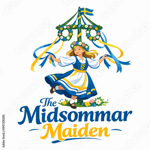 Enchanting midsommar maiden illustration with floral crown dancing beneath maypole ribbons, celebrating Scandinavian folklore, summer solstice, tradition, joy, and nature harmony