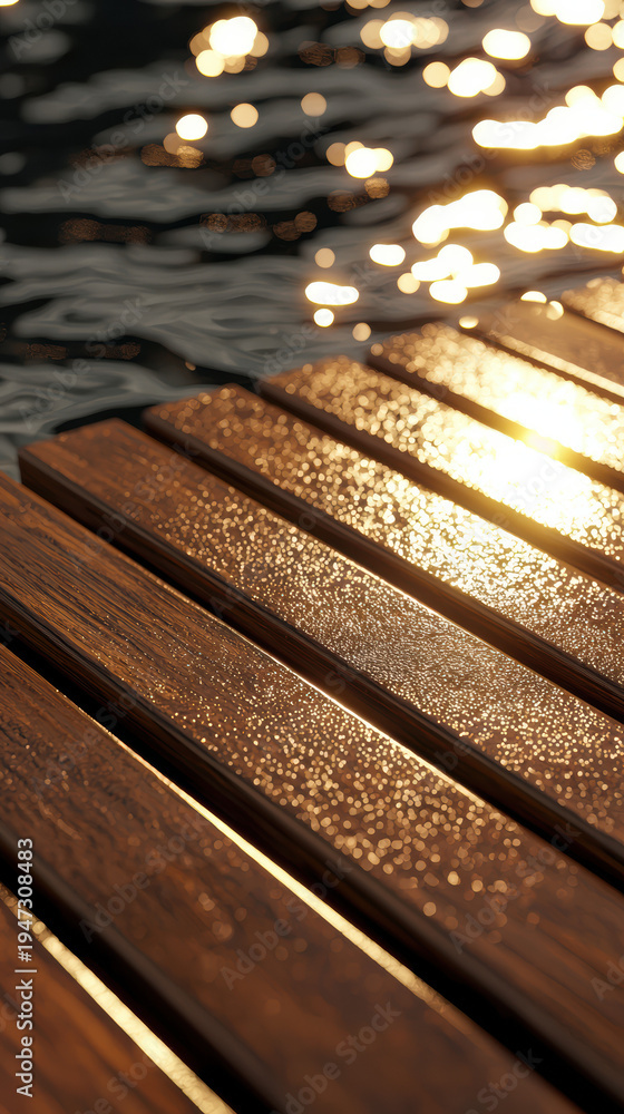 Fototapeta premium Sunlight reflects beautifully off of rippling water onto a wooden dock creating a warm and inviting ambiance on a peaceful summer day by the lake or sea.