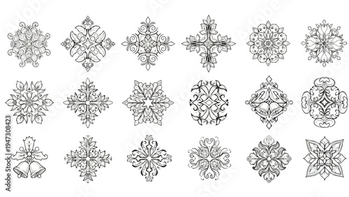 Intricate geometric and symmetrical patterns featuring ornate designs and motifs Vector