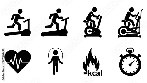 Fitness Cardio and Gym Workout Black Icon Set