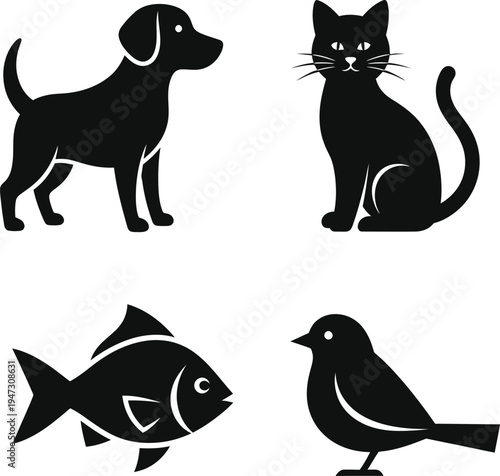 A collection of stylized black silhouette illustrations depicting four distinct animals including a dog a cat a fish and a bird 