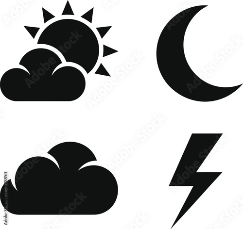 Collection of weather related icons including a sun partially behind clouds and a crescent moon representing day and night weather conditions along with a separate cloud symbol and a lightning bolt 