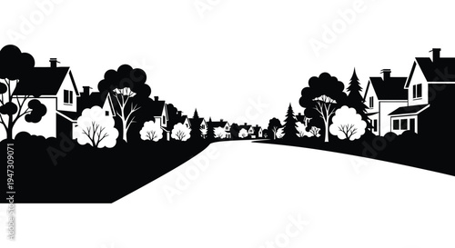 A stark black and white depiction of a suburban street lined with houses and trees a dramatic silhouette high quality professional