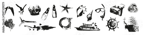 Halftone nautical stipple elements set. Monochrome vintage diving and snorkeling stickers, grunge punk underwater elements with dot texture for y2k collage design. Retro photocopy vector illustration