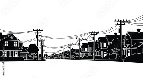 A stark black and white street scene depicts suburban houses and utility poles against a bright background silhouette high quality professional detailed modern