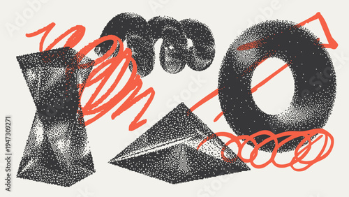 Geometric Shapes Set With Vector Bitmap Dithering Texture.