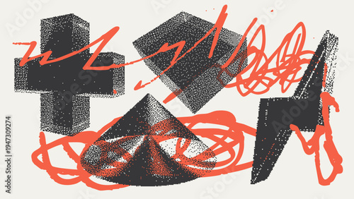 Geometric Shapes Set With Vector Bitmap Dithering Texture.