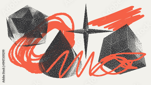 Geometric Shapes Set With Vector Bitmap Dithering Texture.