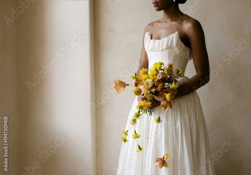 Beautiful neutral and amber aesthetic of bride in the studio posing editorial, digital created
