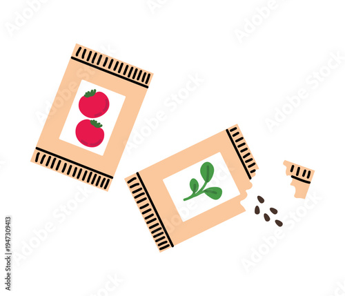 Garden seed packets with vegetable and herb labels and spilled seeds isolated on light background flat vector illustration for gardening and planting concept
