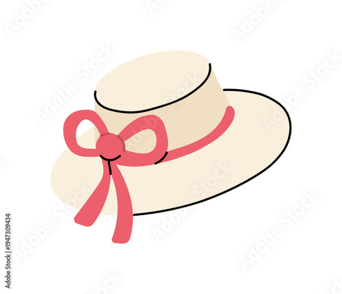 Wide brim straw sun hat with pink ribbon bow isolated on light background summer fashion accessory flat vector illustration