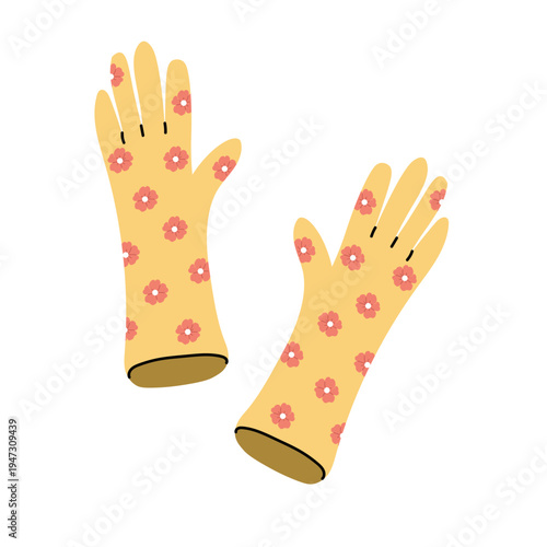 Pair of yellow gardening gloves with floral pattern isolated on light background protective garden work gloves