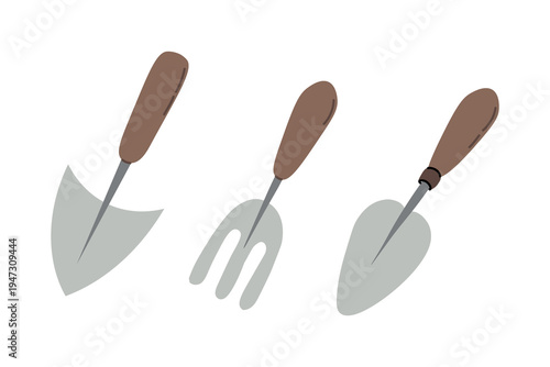 Set of gardening hand tools including trowel and hand fork with wooden handles isolated on light background flat vector illustration for gardening and planting